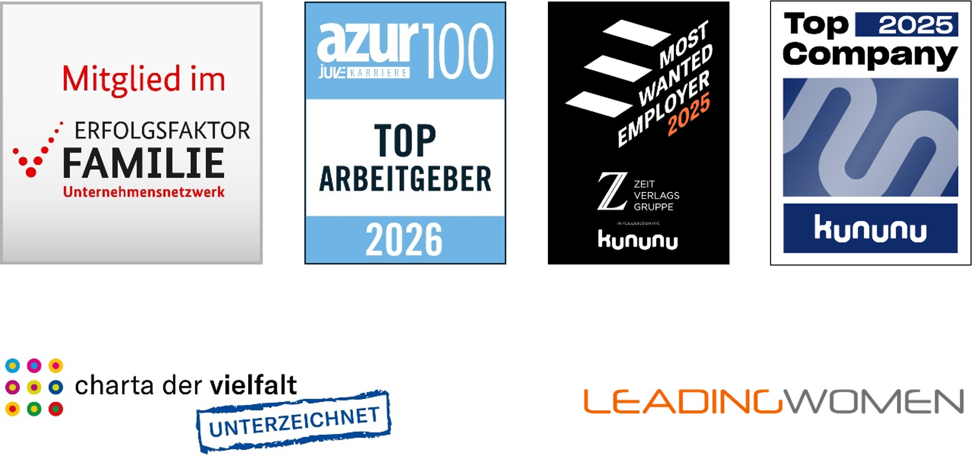 Arbeitgebersiegel "Erfolgsfaktor Familie", "azur 100 TOP Arbeitgeber 2026", "Most Wanted Employer 2025", Top Company 2025 kununu", "charta der vielfalt", "Leading Women"