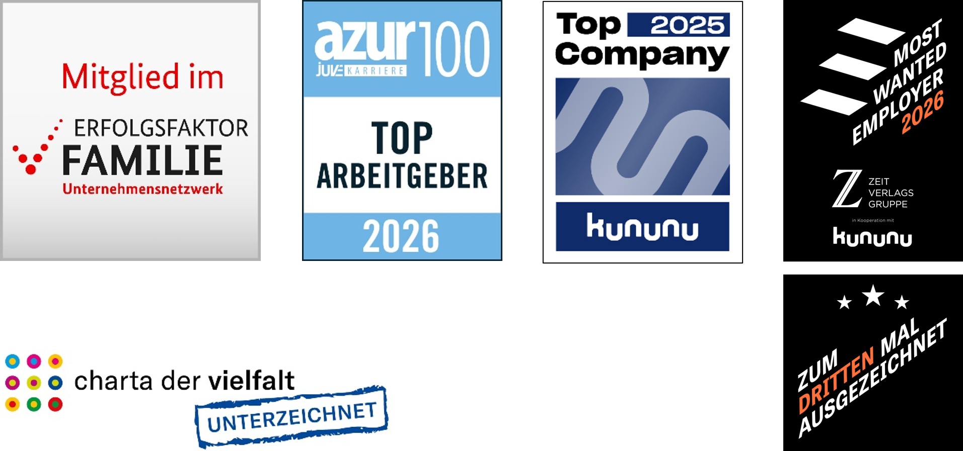 Arbeitgebersiegel "Erfolgsfaktor Familie", "azur 100 TOP Arbeitgeber 2026", "Most Wanted Employer 2025", Top Company 2025 kununu", "charta der vielfalt", "Leading Women"