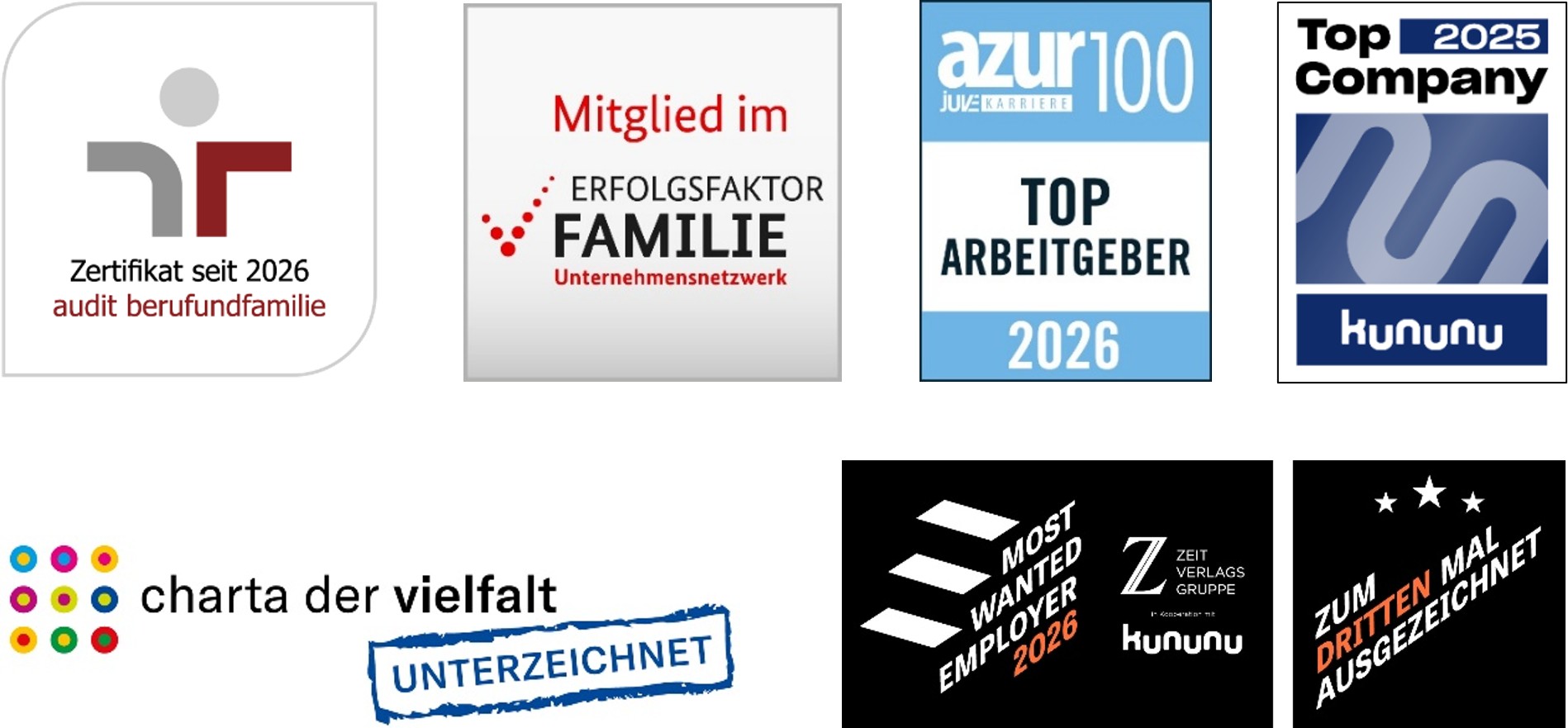 Arbeitgebersiegel "auditberufundfamilie", "Erfolgsfaktor Familie", "azur 100 TOP Arbeitgeber 2026", "Most Wanted Employer 2025", Top Company 2025 kununu", "charta der vielfalt"